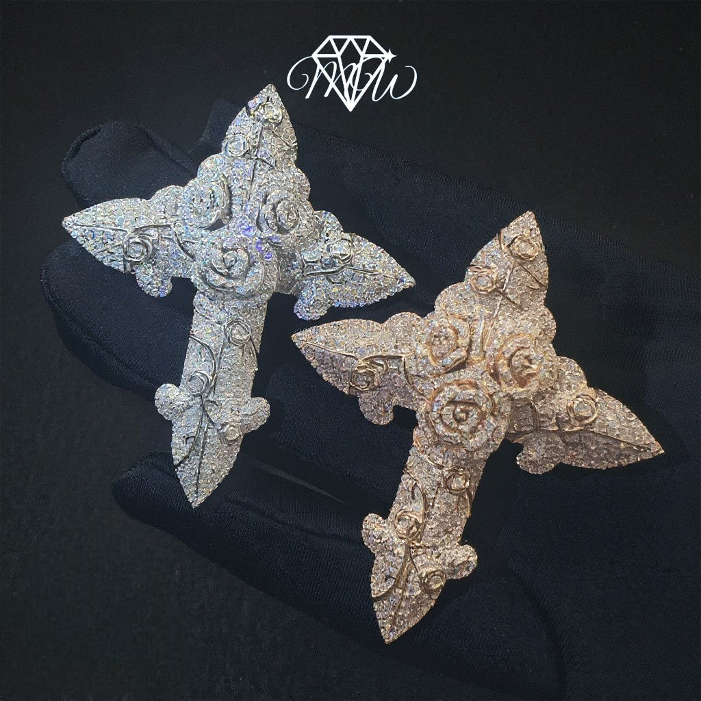 Rose Gold Moissanite Cross Pendant – 925 Silver Hip Hop Necklace