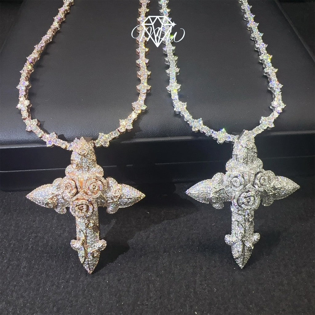 Rose Gold Moissanite Cross Pendant – 925 Silver Hip Hop Necklace