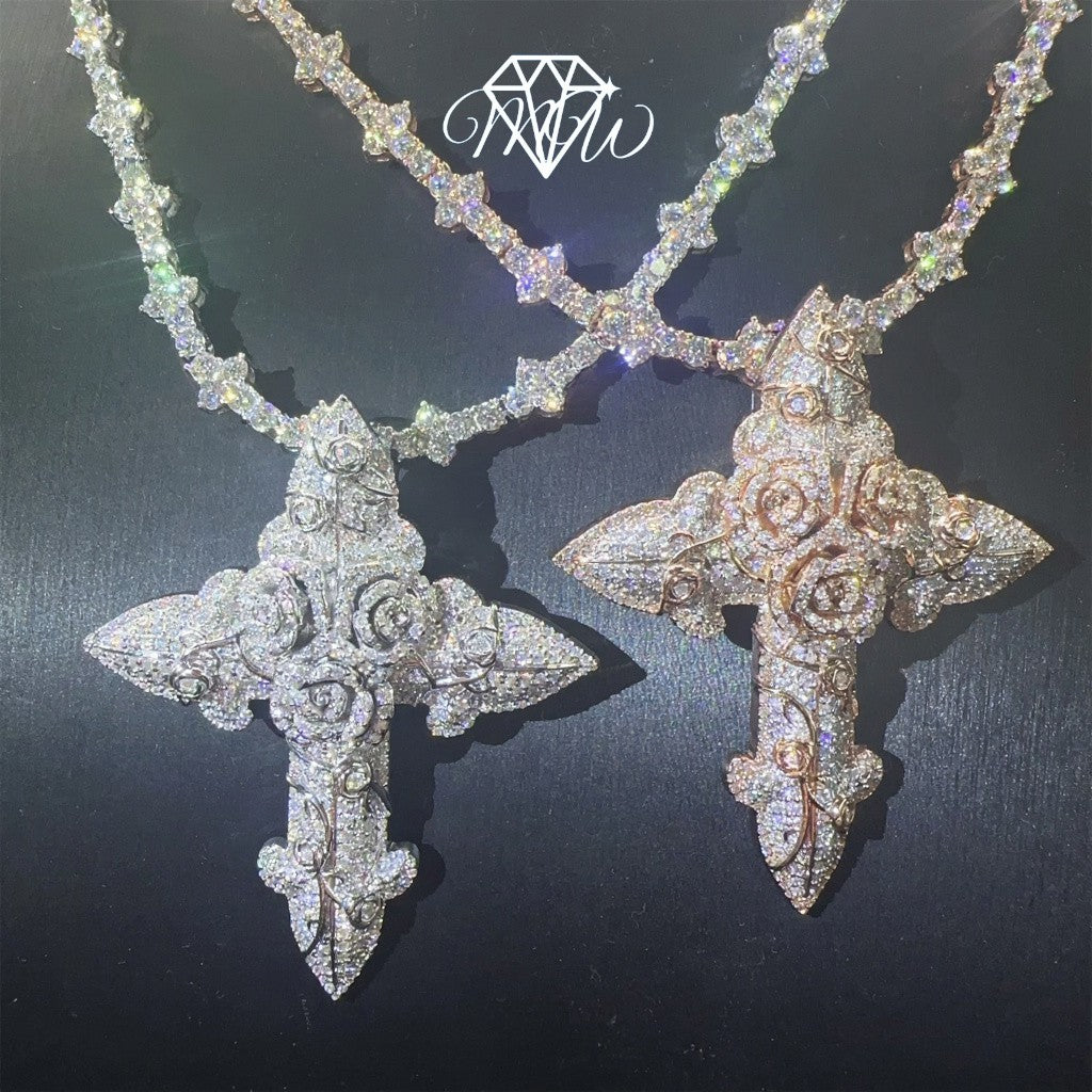 Rose Gold Moissanite Cross Pendant – 925 Silver Hip Hop Necklace