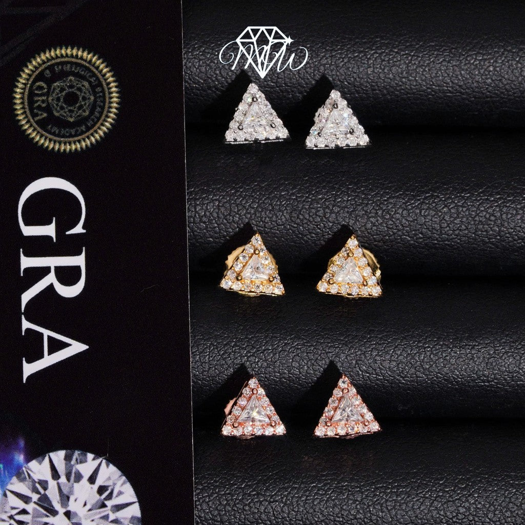 VVS Moissanite Triangle Cut Earrings – Unique Iced Out Hip Hop Studs in 925 Sterling Silver with Gold Plated Finish