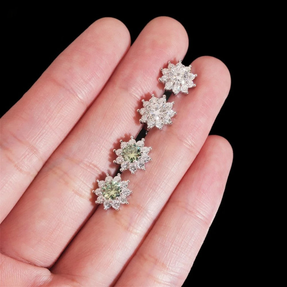 925 Sterling Silver Screw Back Sunflower Stud Earrings – Blue & Green VVS Moissanite