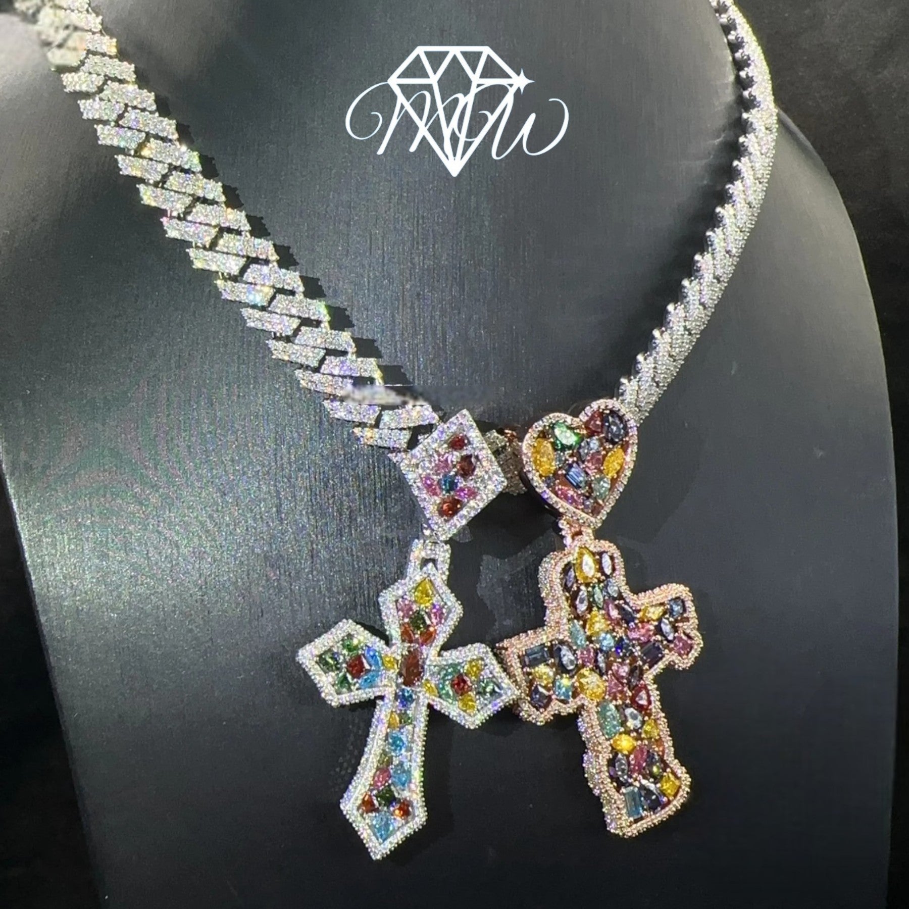 Colorful Cross Pendant – 925 Silver Multi-Color Moissanite Hip Hop Jewelry