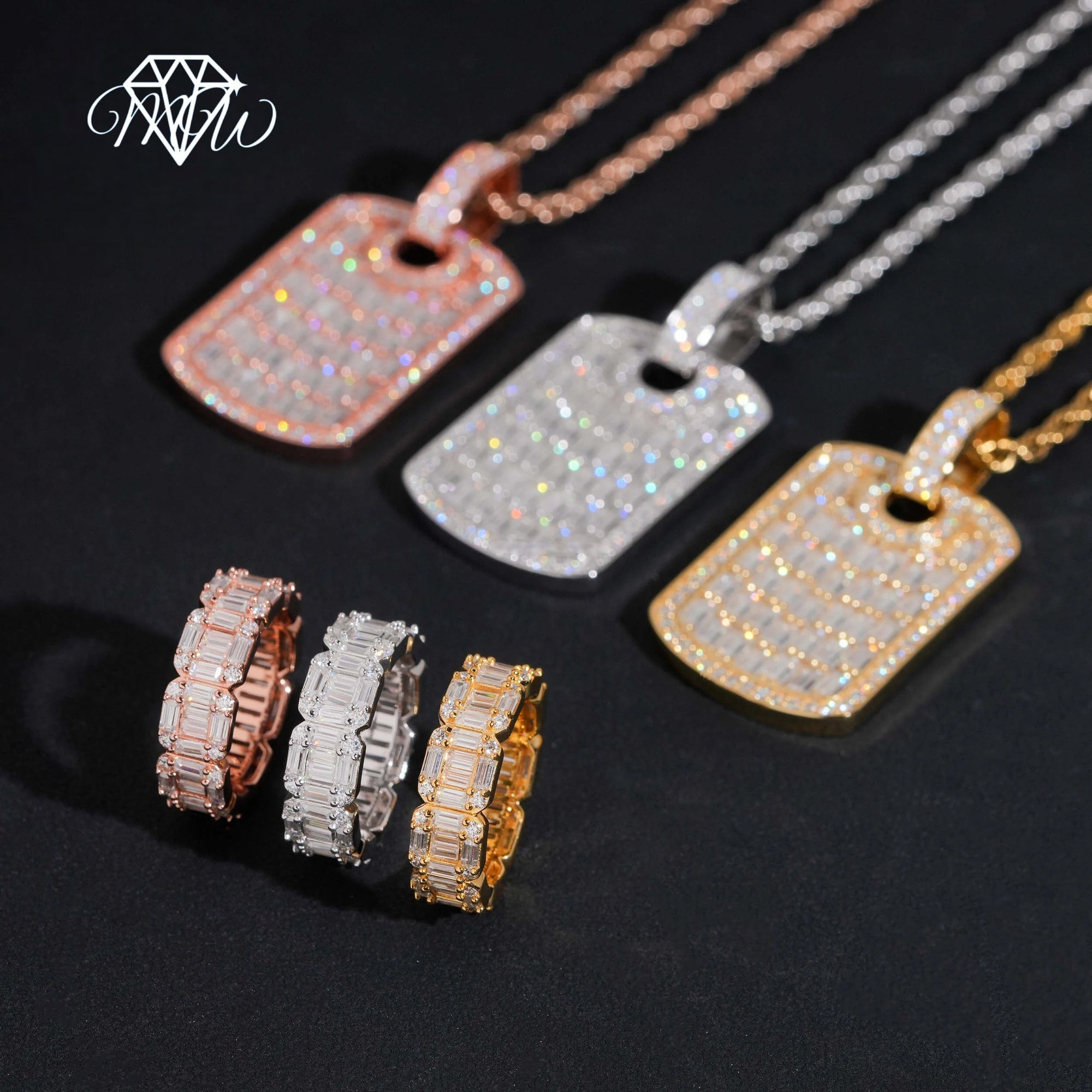 Moissanite Baguette Pendant & Ring Set – 925 Silver Hip Hop Jewelry