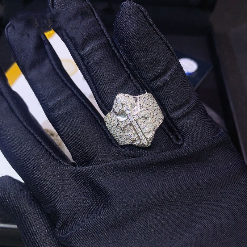 Iced Out VVS Moissanite Cross Ring – 925 Sterling Silver