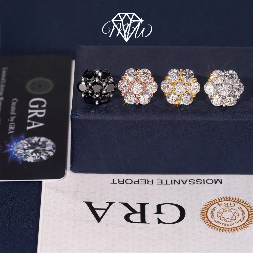 VVS Moissanite Iced Out Flower Stud Earrings – 925 Sterling Silver & Gold Plated Hip Hop Jewelry | 9mm, 12mm, 15mm