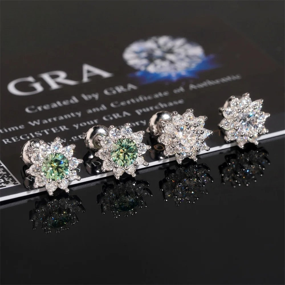 925 Sterling Silver Screw Back Sunflower Stud Earrings – Blue & Green VVS Moissanite