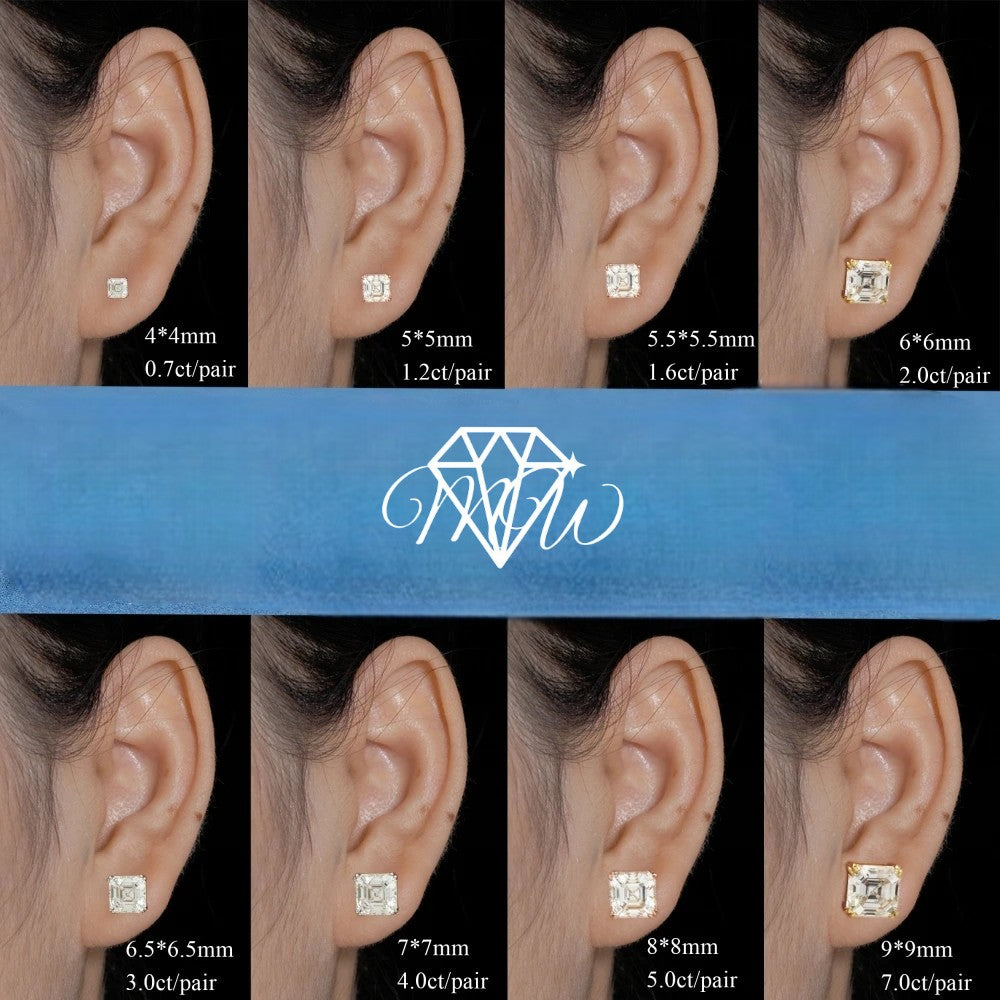 Asscher Cut Moissanite Stud Earrings – VVS Iced Out 925 Silver & Gold Plated