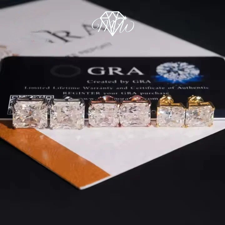 Moissanite Radiant Cut Stud Earrings – VVS Iced Out 925 Silver & Gold Plated