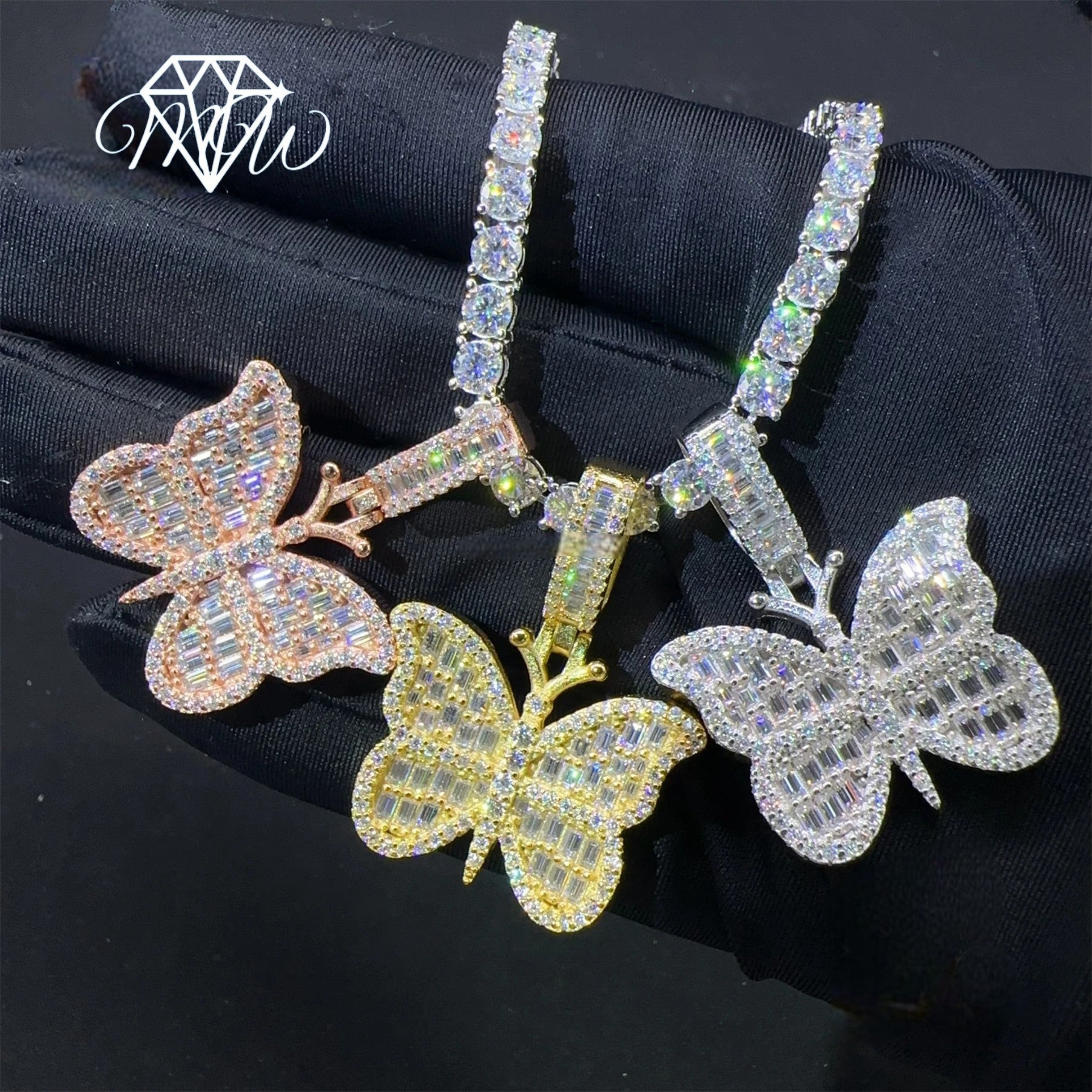 925 Silver Butterfly Pendant Set – VVS Moissanite Hip Hop Jewelry