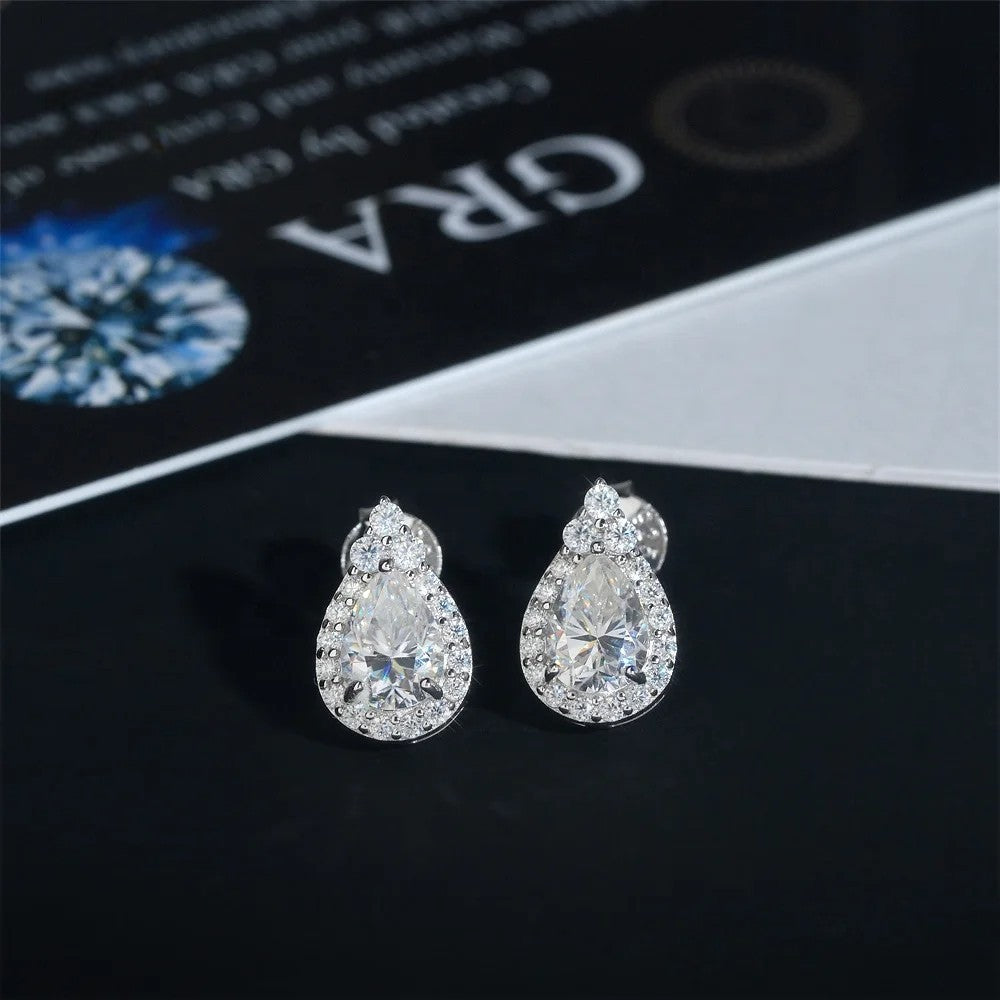 Elegant Halo Drop Earrings – Pear Shape Moissanite in 925 Silver White Gold Plating
