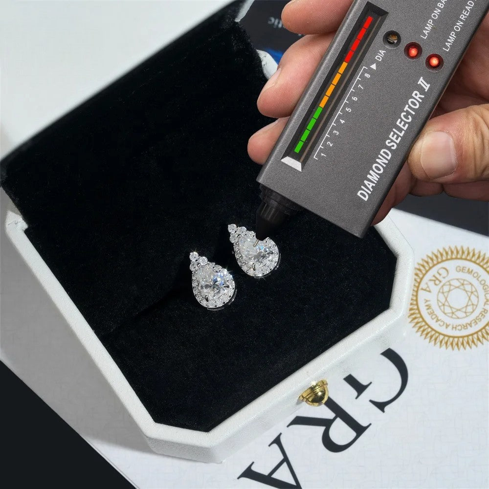 Elegant Halo Drop Earrings – Pear Shape Moissanite in 925 Silver White Gold Plating