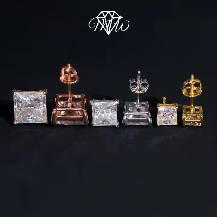 Princess Cut Moissanite Stud Earrings | VVS Iced Out Hip Hop Jewelry