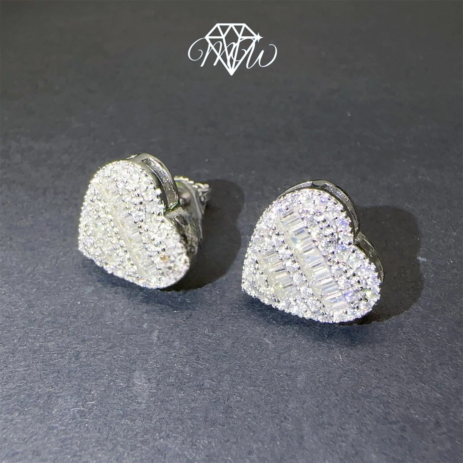 Heart-Shaped Moissanite Earrings – VVS Baguette Iced Out 925 Silver & Gold Plated