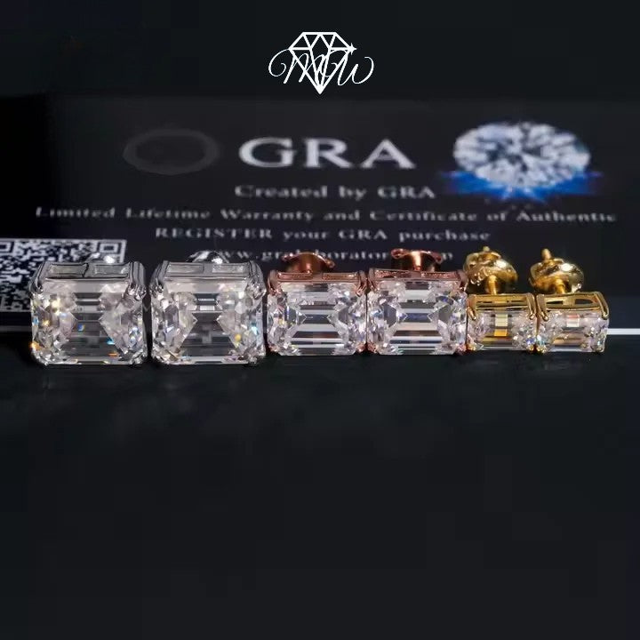 Emerald Cut Moissanite Earrings – VVS Iced Out 925 Silver & Gold Plated