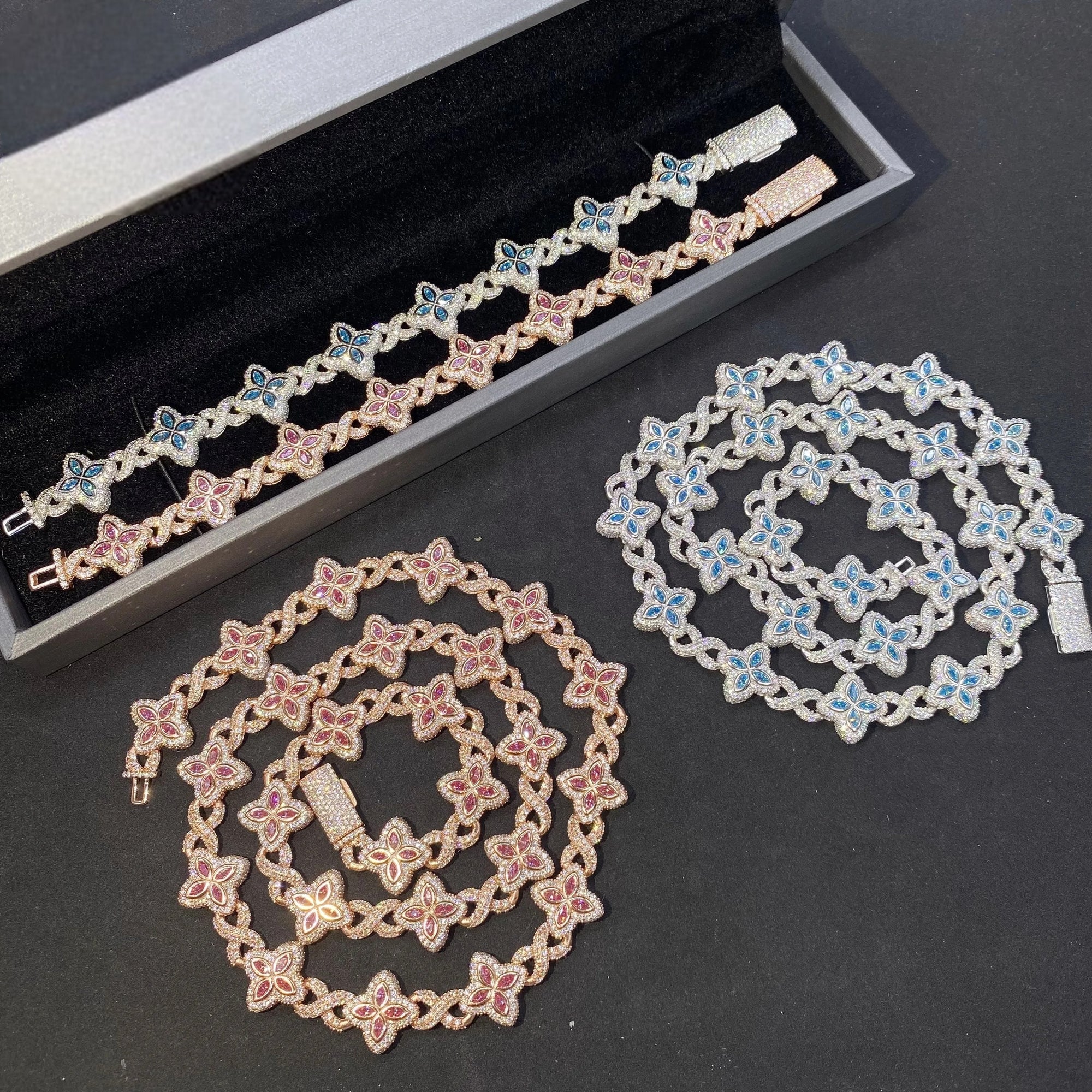 15mm Hip Hop Marquise VVS Moissanite Iced Out Clover Bracelet & Cuban Chain Necklace – 925 Sterling Silver