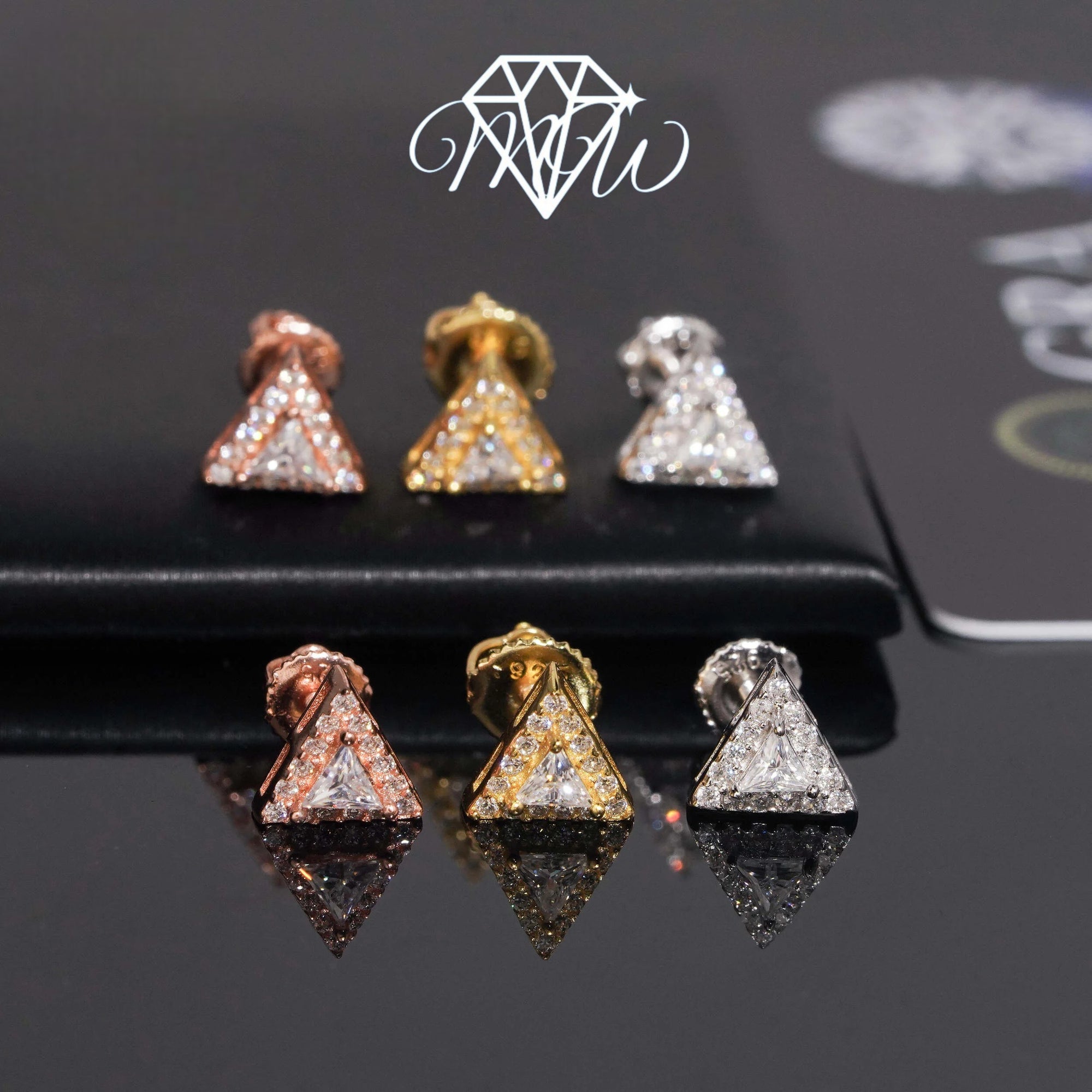 VVS Moissanite Triangle Cut Earrings – Unique Iced Out Hip Hop Studs in 925 Sterling Silver with Gold Plated Finish