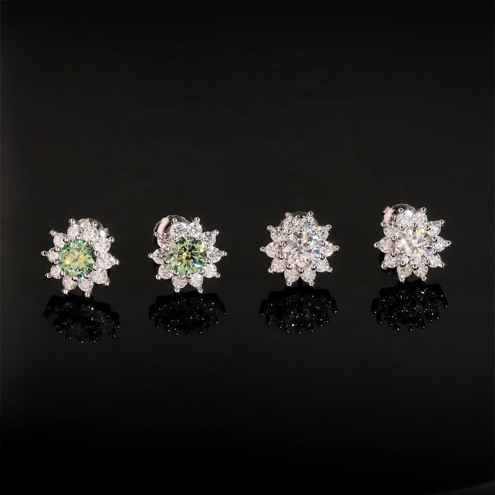 925 Sterling Silver Screw Back Sunflower Stud Earrings – Blue & Green VVS Moissanite