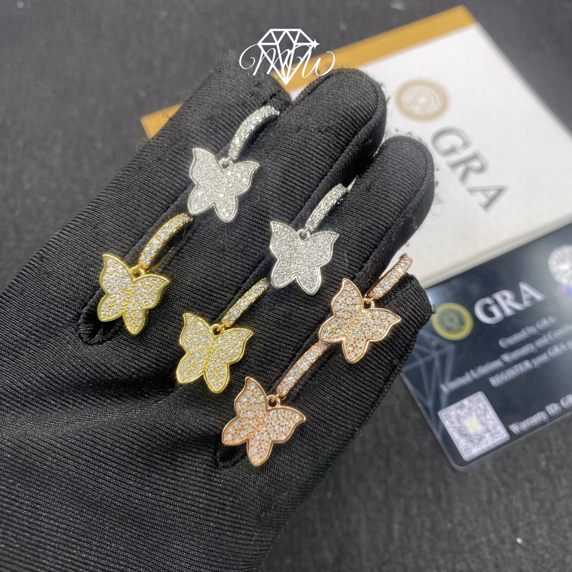 Moissanite VVS Hip Hop Iced Out Butterfly Drop Earrings – 925 Sterling Silver & Gold Plated