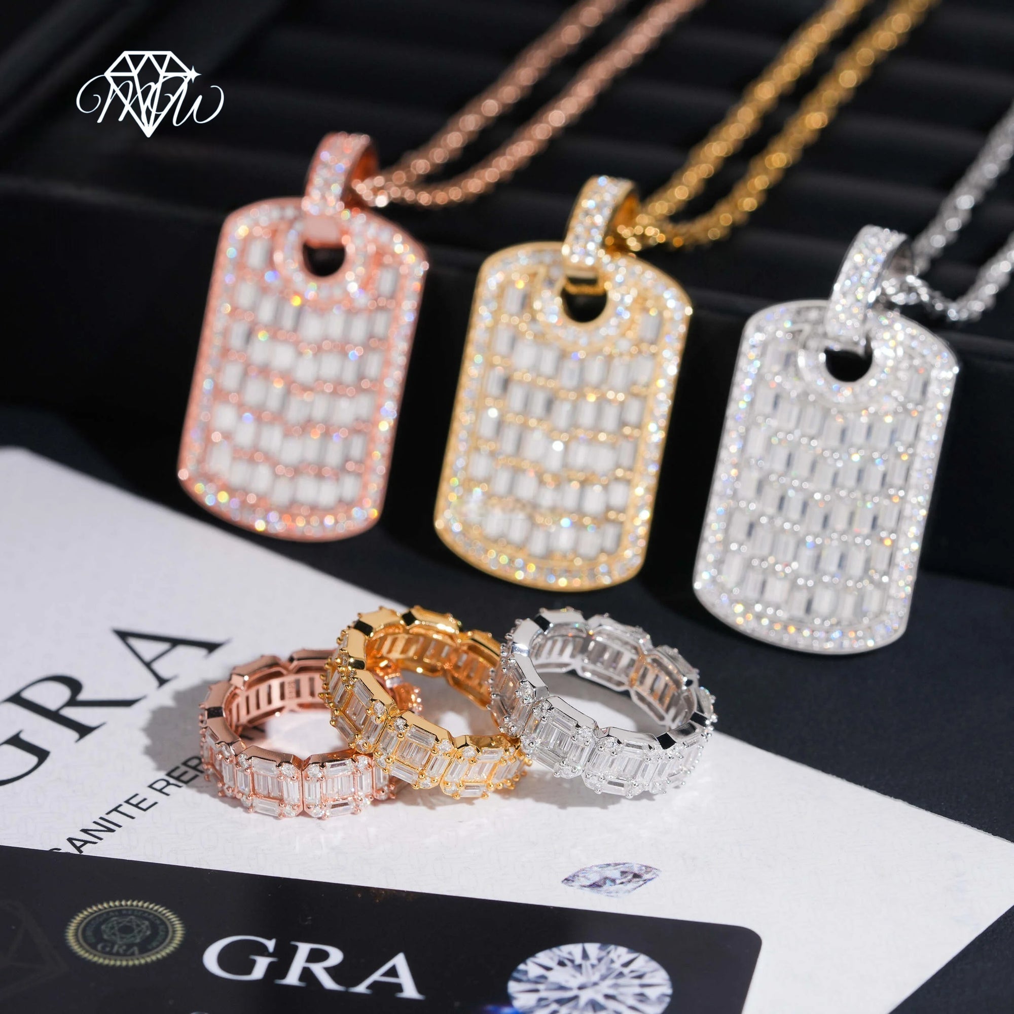 Moissanite Baguette Pendant & Ring Set – 925 Silver Hip Hop Jewelry