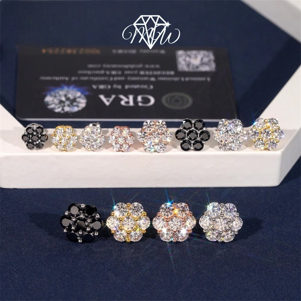 VVS Moissanite Iced Out Flower Stud Earrings – 925 Sterling Silver & Gold Plated Hip Hop Jewelry | 9mm, 12mm, 15mm
