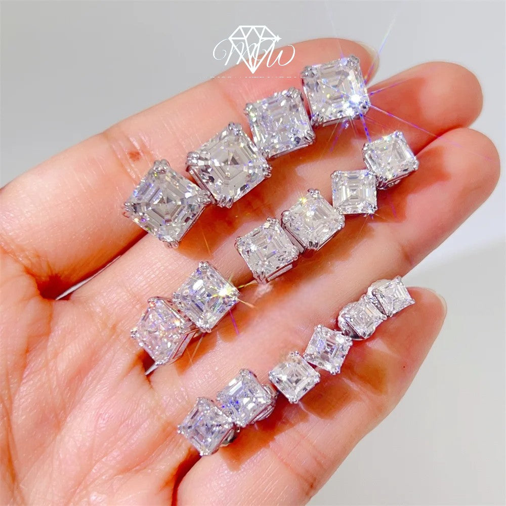 Asscher Cut Moissanite Stud Earrings – VVS Iced Out 925 Silver & Gold Plated