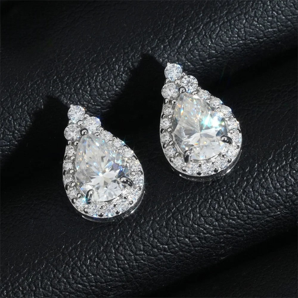 Elegant Halo Drop Earrings – Pear Shape Moissanite in 925 Silver White Gold Plating