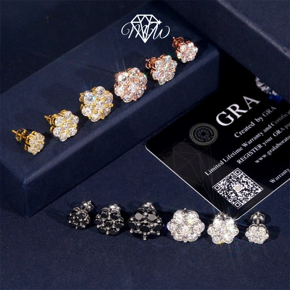VVS Moissanite Iced Out Flower Stud Earrings – 925 Sterling Silver & Gold Plated Hip Hop Jewelry | 9mm, 12mm, 15mm