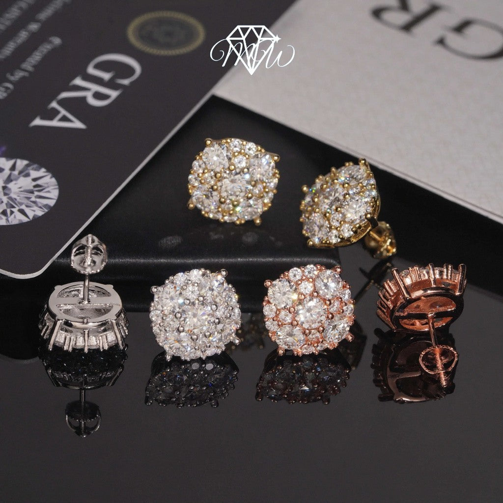 12mm Iced Out Moissanite Stud Earrings - VVS Hip Hop Jewelry in 925 Silver & Gold Plated Finish