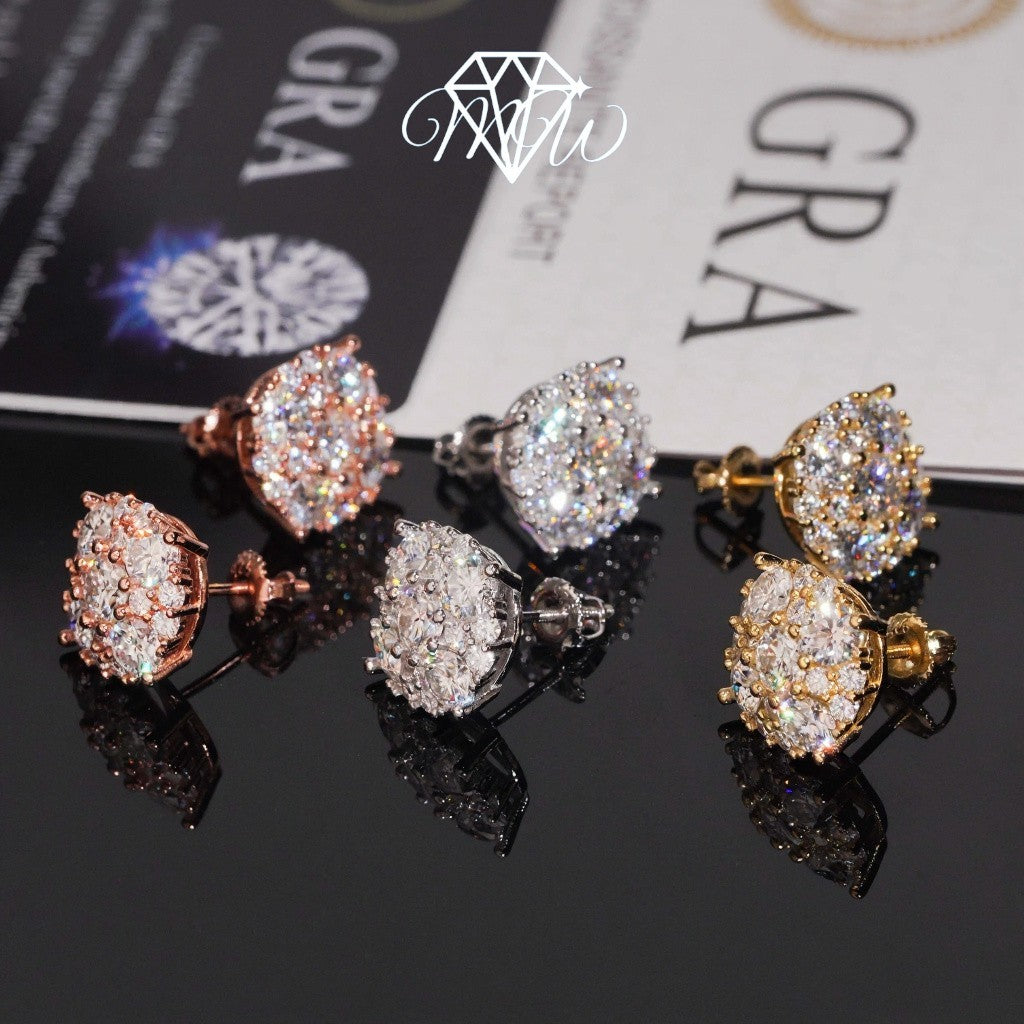 12mm Iced Out Moissanite Stud Earrings - VVS Hip Hop Jewelry in 925 Silver & Gold Plated Finish