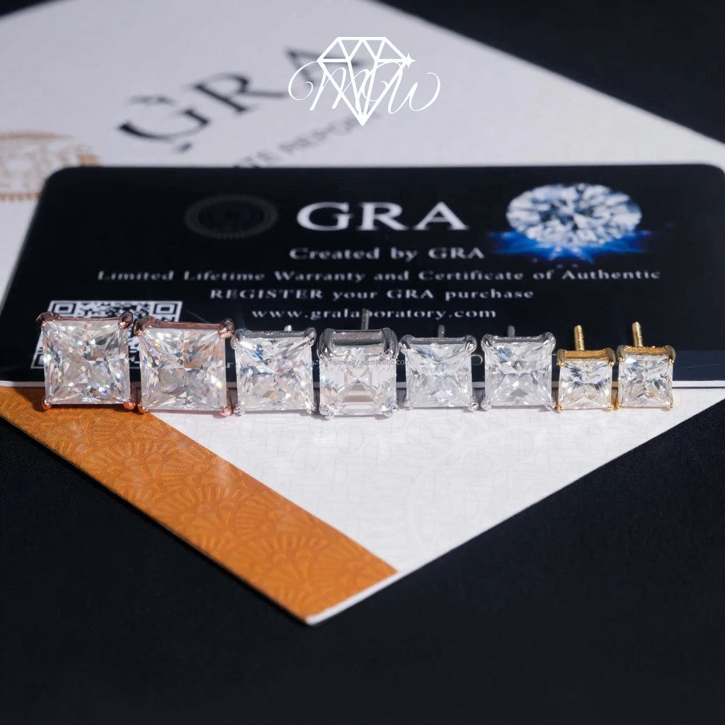 Princess Cut Moissanite Stud Earrings | VVS Iced Out Hip Hop Jewelry