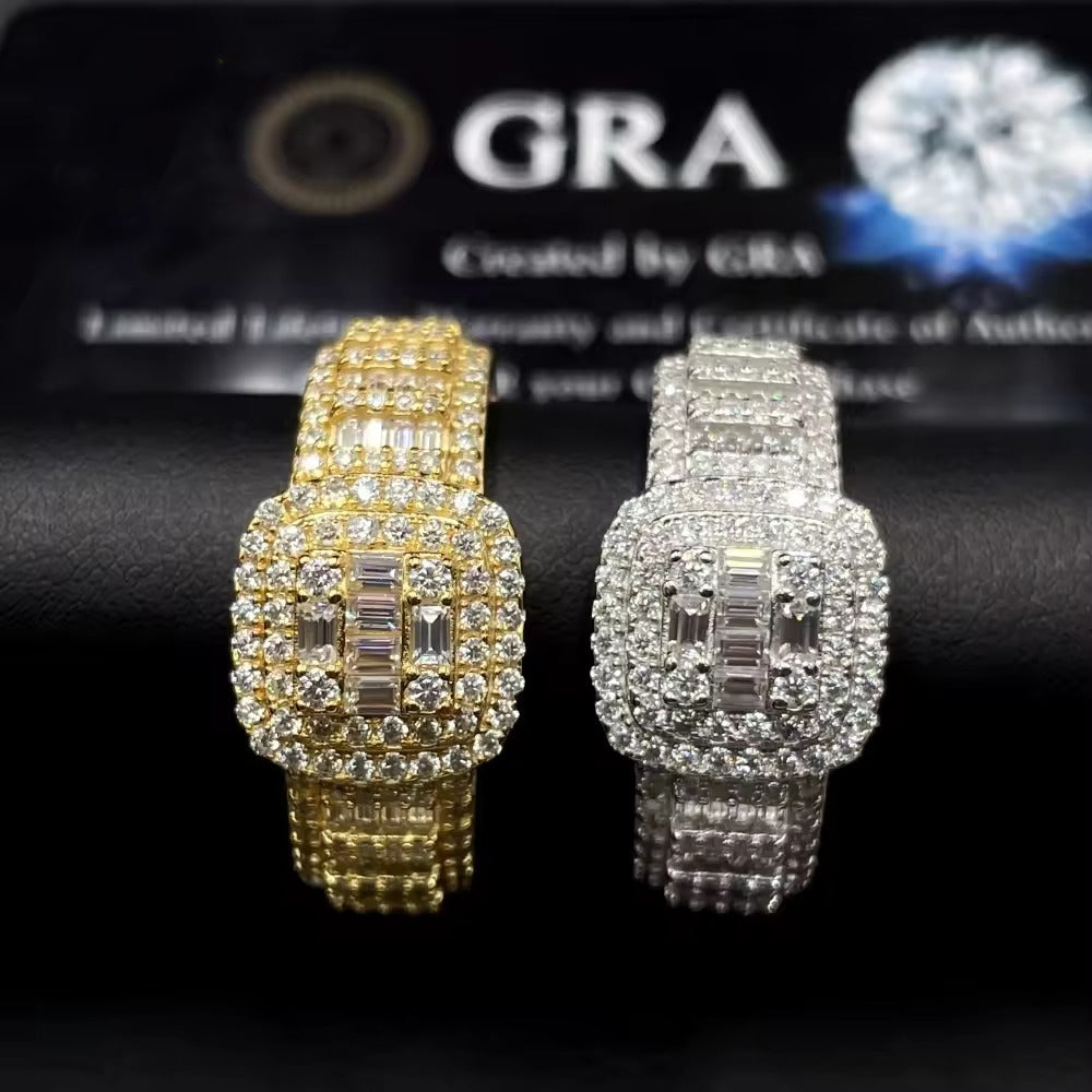 Round Baguette cut VVS Moissanite Ring – Iced Out 925 Sterling Silver