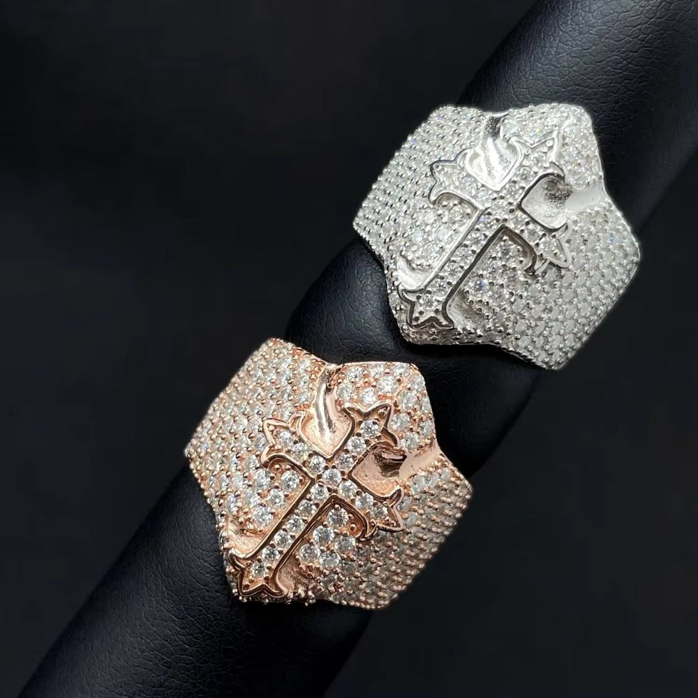 Iced Out VVS Moissanite Cross Ring – 925 Sterling Silver