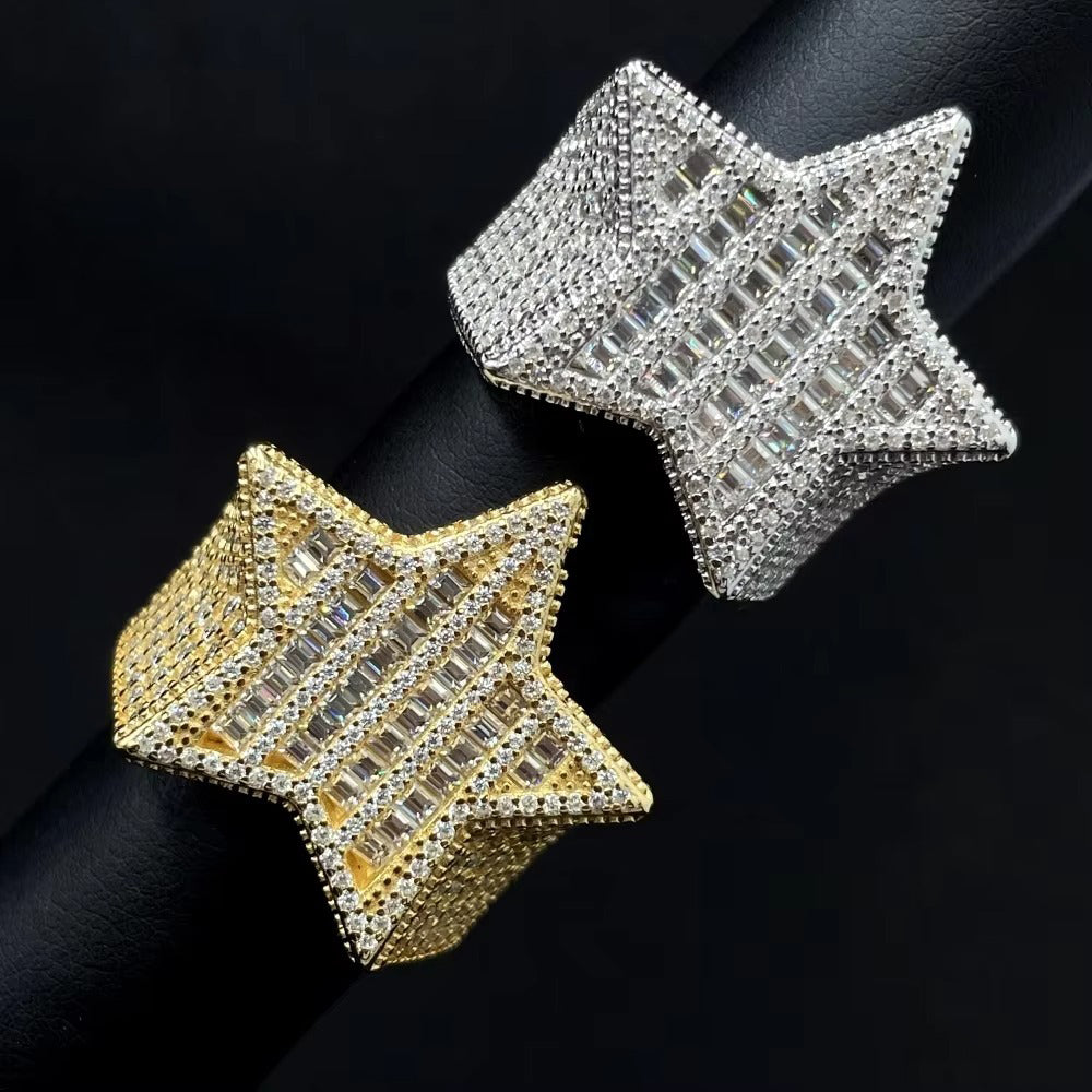 VVS Moissanite Baguette Star Ring – Iced Out 925 Sterling Silver
