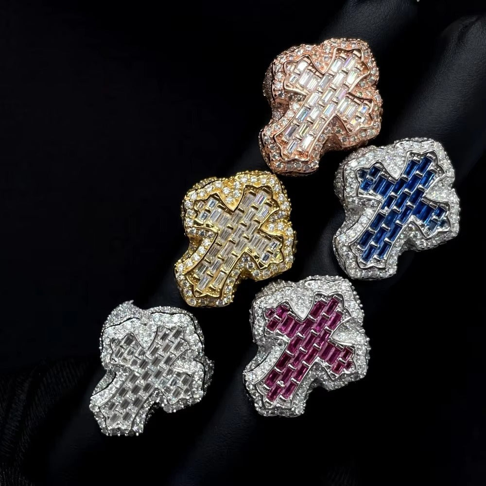 VVS Moissanite Cross Ring – Iced Out Design, 925 Sterling Silver