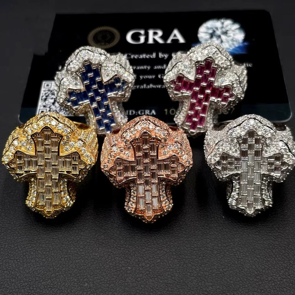 VVS Moissanite Cross Ring – Iced Out Design, 925 Sterling Silver