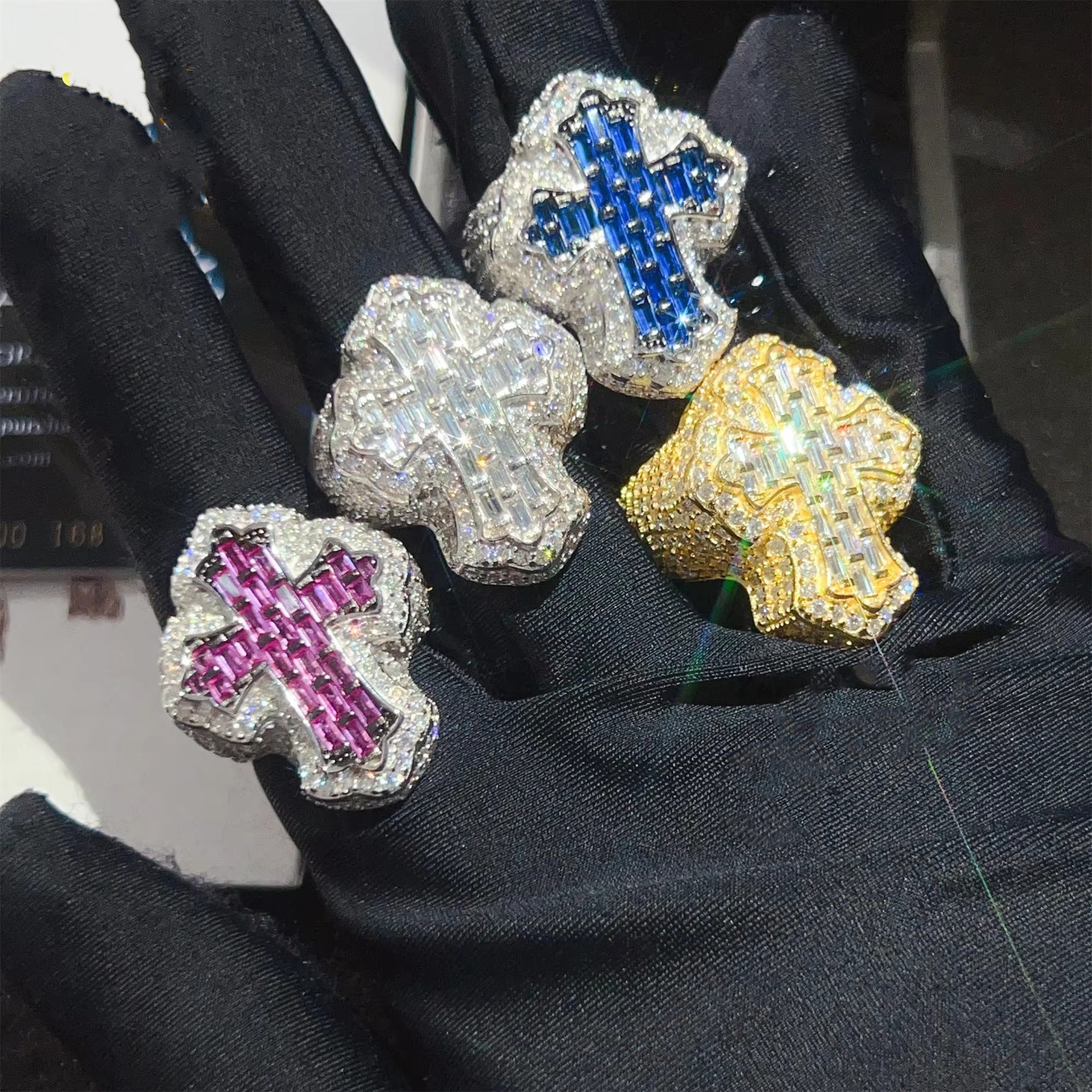 VVS Moissanite Cross Design Ring – Blue, Pink,  Cross Design, 925 Sterling Silver