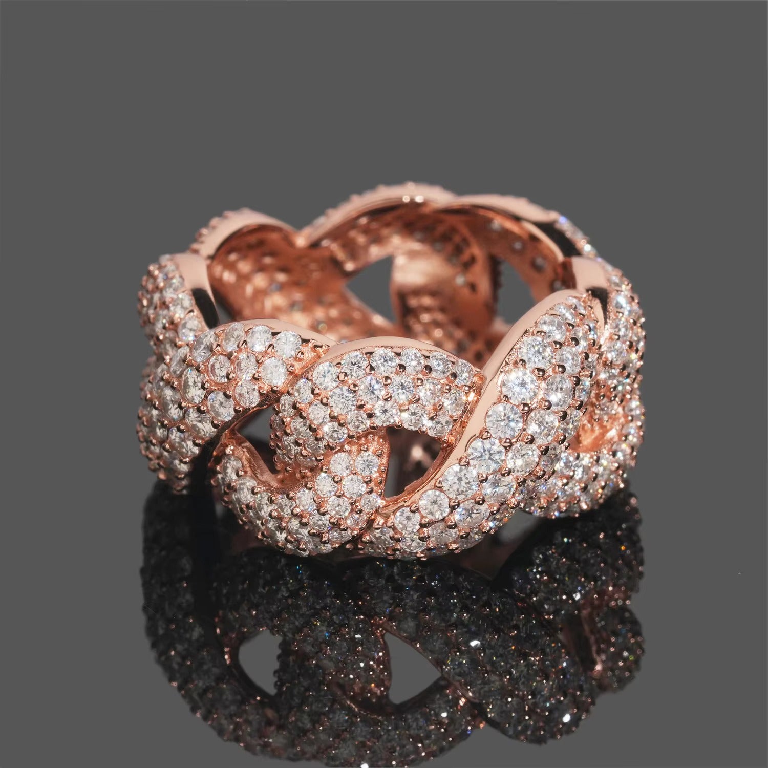Fully Iced Out Cuban VVS Moissanite Eternity Ring – Rose Gold Plated 925 Sterling Silver
