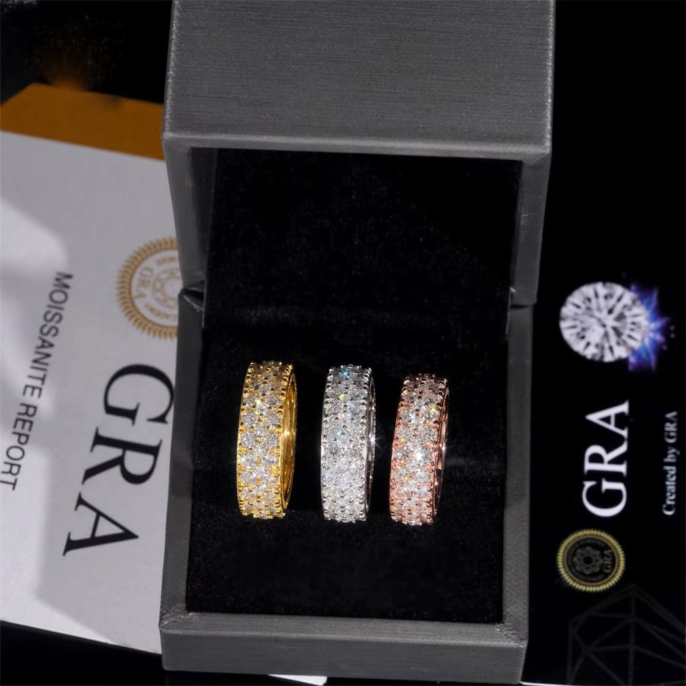 Luxury 3-Row VVS Moissanite Ring – White Gold Finish