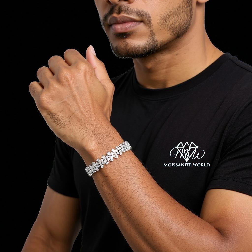 Moissanite Cuban Link Cross Bracelet – Iced Out VVS, Rhodium-Plated, Prong Setting