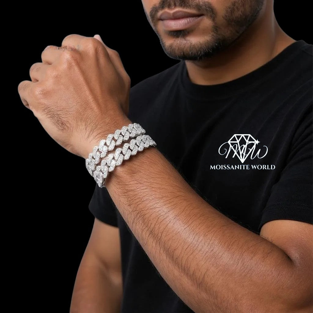 13mm 2-Row Moissanite Cuban Link Bracelet – Solid 925 Silver, VVS1 Iced Out Jewelry