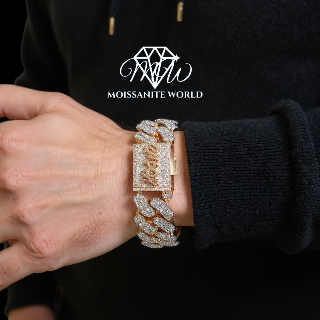 Custom Name Moissanite Cuban Bracelet – 20MM Two-Tone Rose & White Gold | Iced Out Baguette Clasp Lock