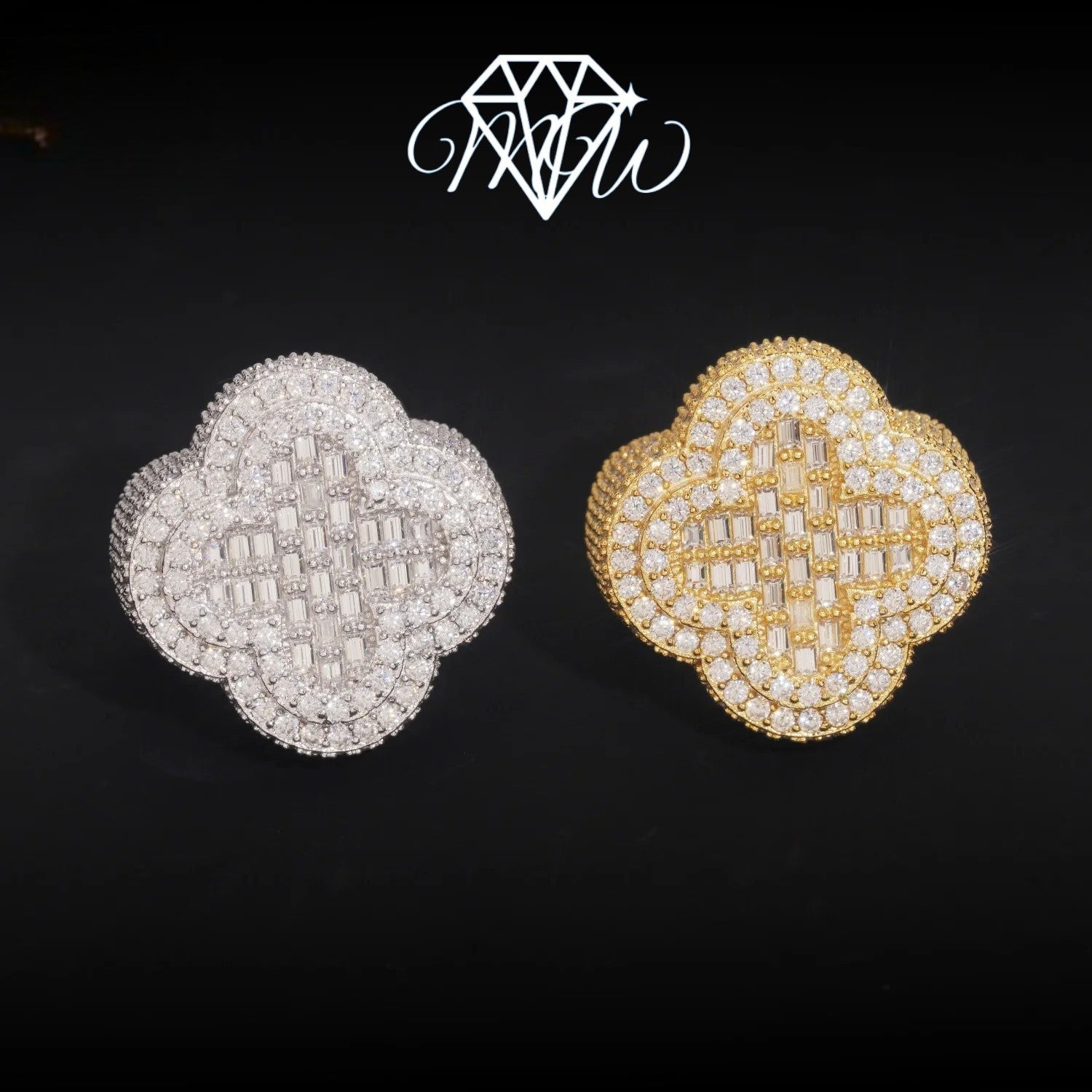 VVS Moissanite Clover Ring – 925 Silver Iced Out Baguette Jewelry