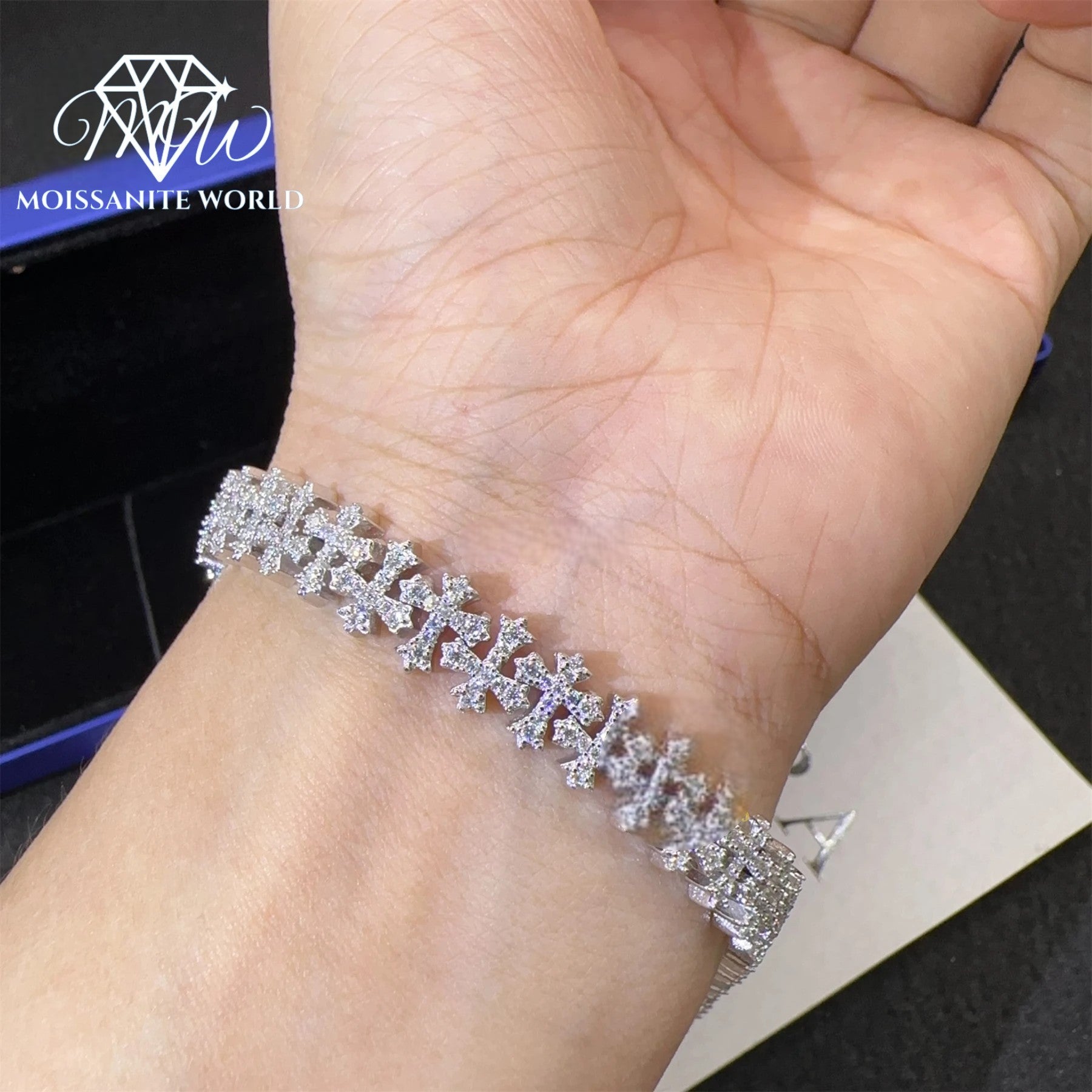 Moissanite Cuban Link Cross Bracelet – Iced Out VVS, Rhodium-Plated, Prong Setting
