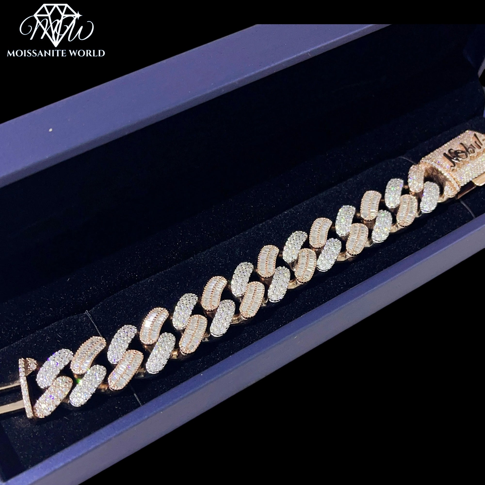 Custom Name Moissanite Cuban Bracelet – 20MM Two-Tone Rose & White Gold | Iced Out Baguette Clasp Lock