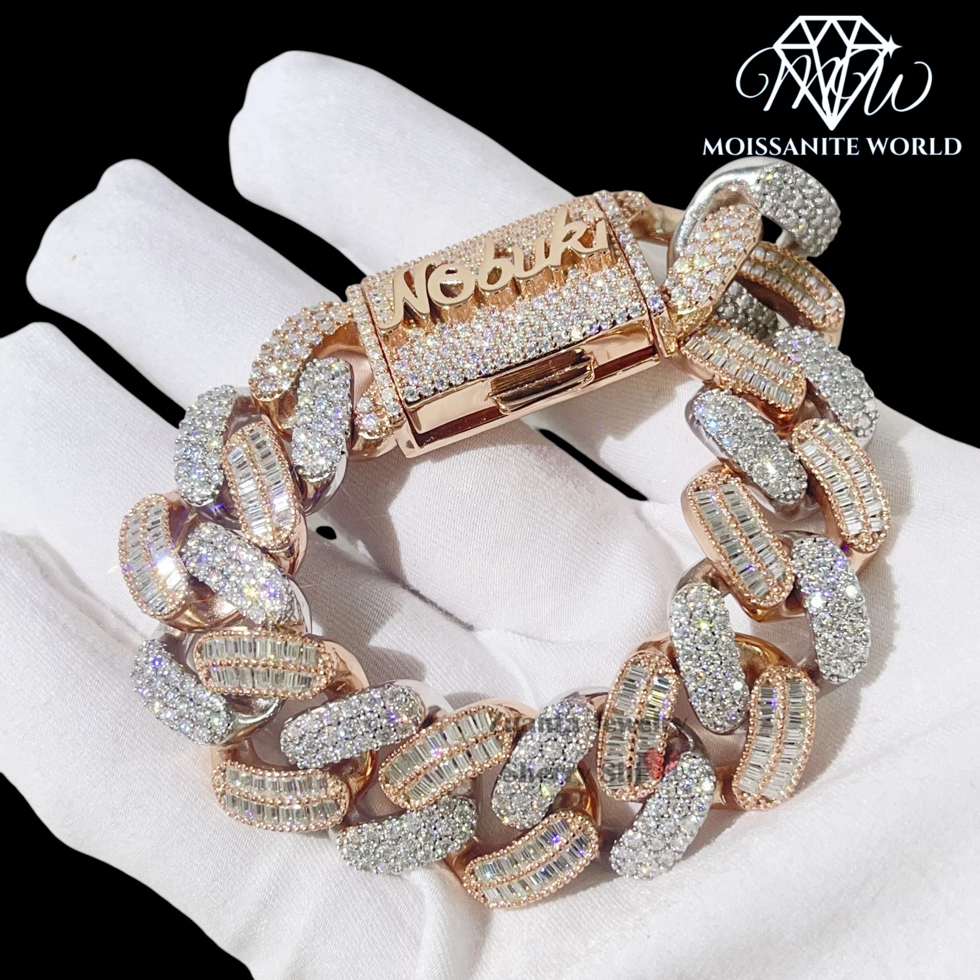 Custom Name Moissanite Cuban Bracelet – 20MM Two-Tone Rose & White Gold | Iced Out Baguette Clasp Lock