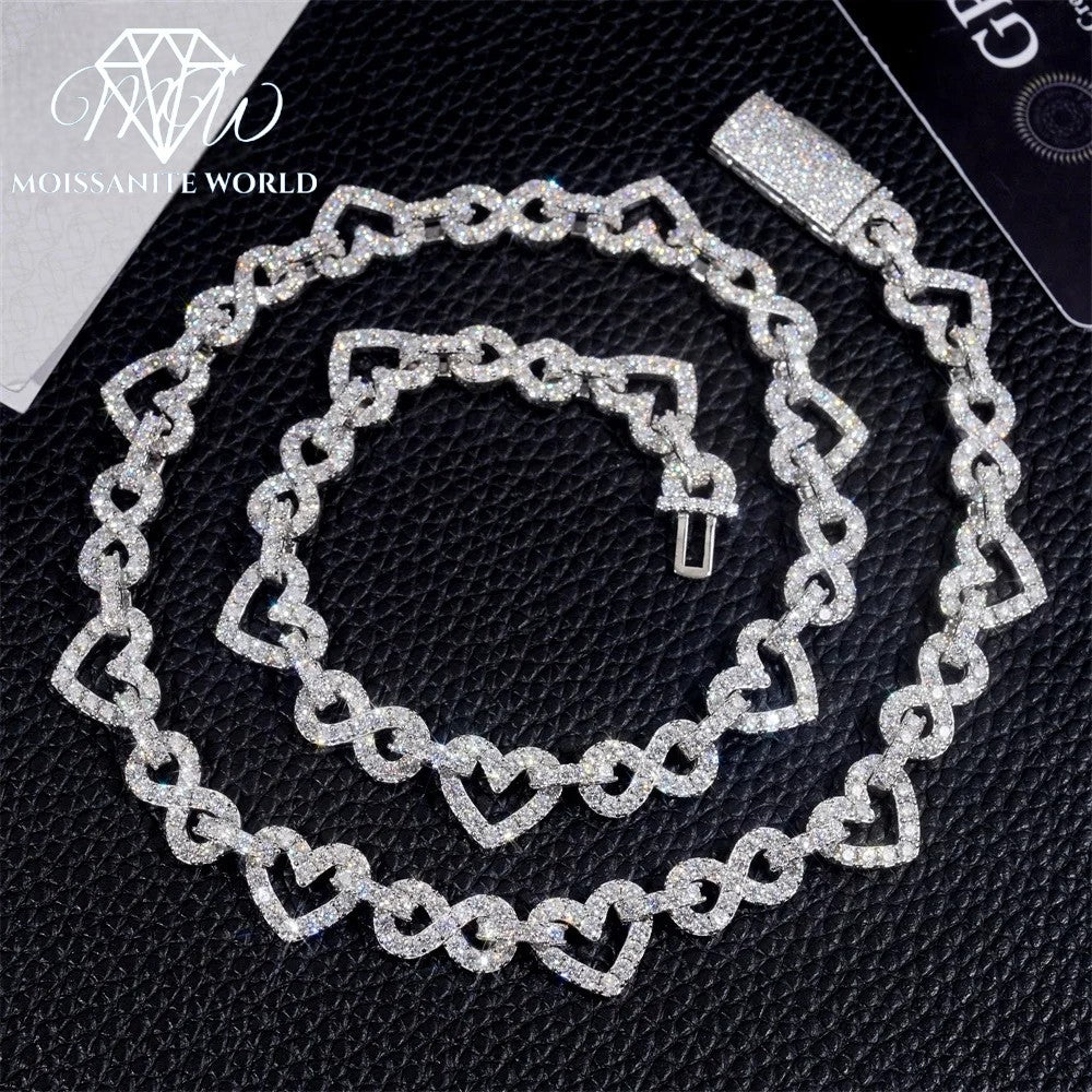 12MM VVS Moissanite Heart & Infinity Cuban Link Chain – Silver Hip Hop Necklace