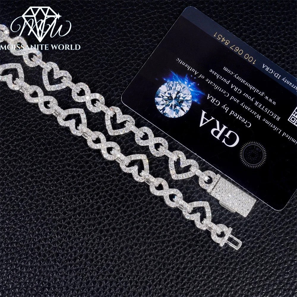 12MM VVS Moissanite Heart & Infinity Cuban Link Chain – Silver Hip Hop Necklace