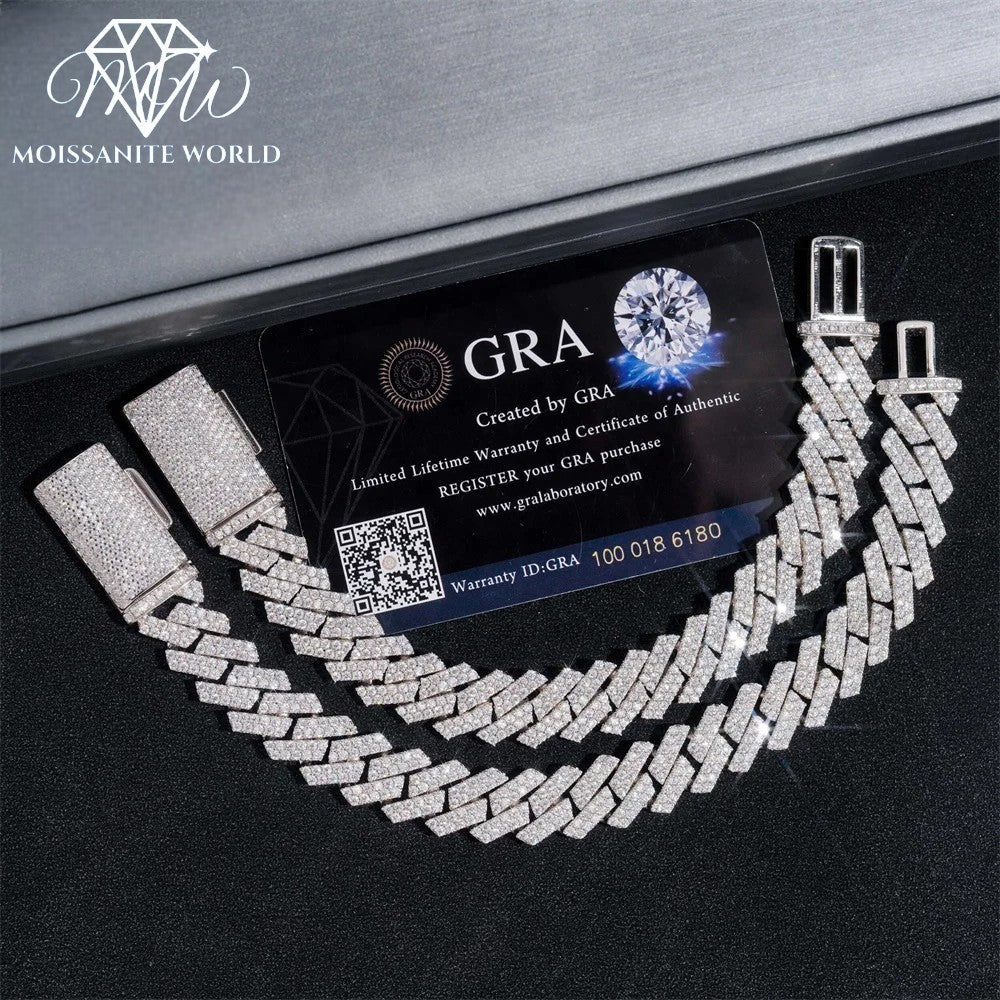 13mm 2-Row Moissanite Cuban Link Bracelet – Solid 925 Silver, VVS1 Iced Out Jewelry
